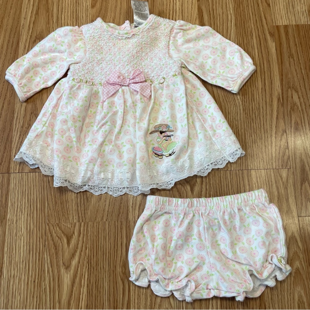 VINTAGE MARY ENGELBREIT TWO PIECE BABY GIRL OUTFIT PINK WHITE SIZE 3/6 MONTHS